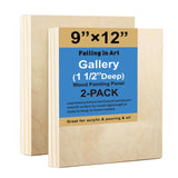 Falling in Art 2 Pack Unfinished Wooden Canvas Panels, 9x12 Gallery Birch Wood Panels Kit, 1 1/2" Deep Art Cradle Boards for Acrylic Painting, Pouring and Burning Falling in Art