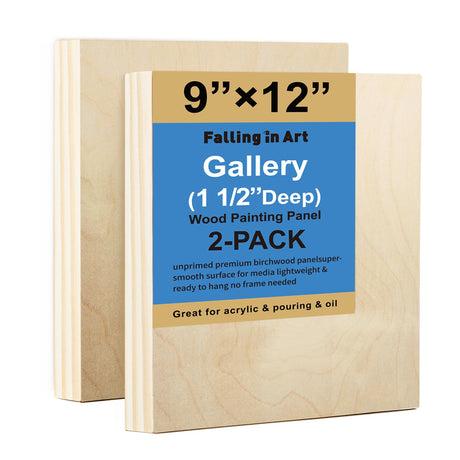 Falling in Art 2 Pack Unfinished Wooden Canvas Panels, 9x12 Gallery Birch Wood Panels Kit, 1 1/2" Deep Art Cradle Boards for Acrylic Painting, Pouring and Burning Falling in Art