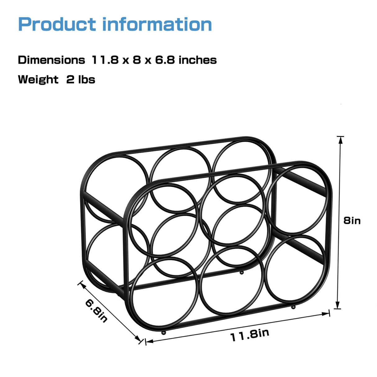 Buruis 6-Bottle Countertop Wine Rack, Modern Freestanding Metal Wine Holder Stand for Cabinet, Pantry, and Kitchen, No Assembly Required, Black Buruis