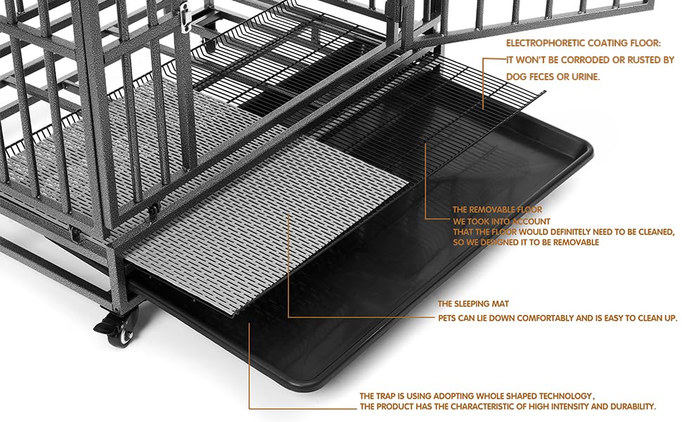 Luckyberry 38/42/46 inch Heavy Duty Extra Large Indestructible Dog Crate Kennel Indoor with Separation Anxiety Lockable Wheels and Removable Tray