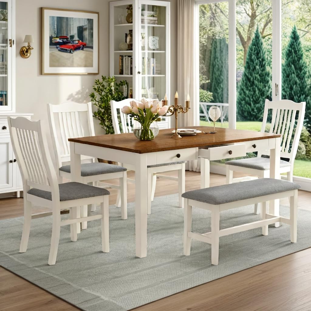 LUMISOL 6 Piece Solid Wood Dining Table Set, Farmhouse Kitchen Table Set with 4 Upholstered Chairs, Bench and Storage Drawers, Butter Milk LUMISOL