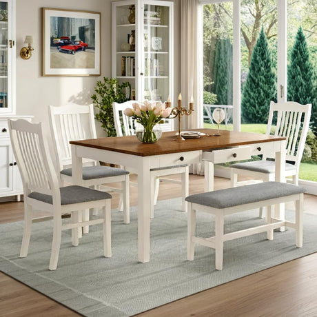LUMISOL 6 Piece Solid Wood Dining Table Set, Farmhouse Kitchen Table Set with 4 Upholstered Chairs, Bench and Storage Drawers, Butter Milk LUMISOL