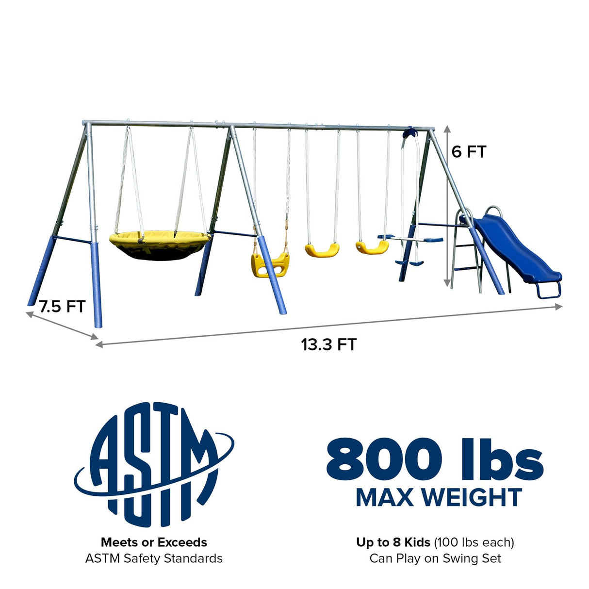 Sportspower 'Swing and Play' Galvanized Metal Swing Set(6 Year Warranty): 2 Swings+Standing, 2 Kid Roman Glider+Saucer, 5' Wavy Slide, EXCEEDS ASTM Safety Standards*4pc Anchor Kit* Sportspower
