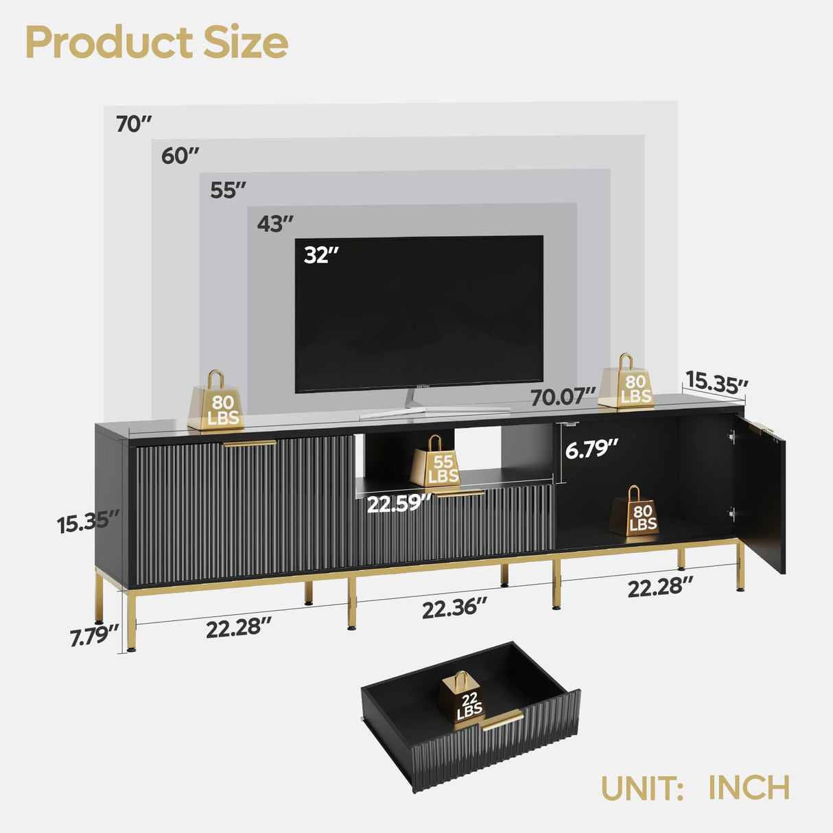 Bestier 70” Fluted TV Stand with LED Lights, Black TV Stand for TVs Up to 80", Modern Entertainment Center with Storage, TV Console, Media Console for Living Room Bedroom Bestier