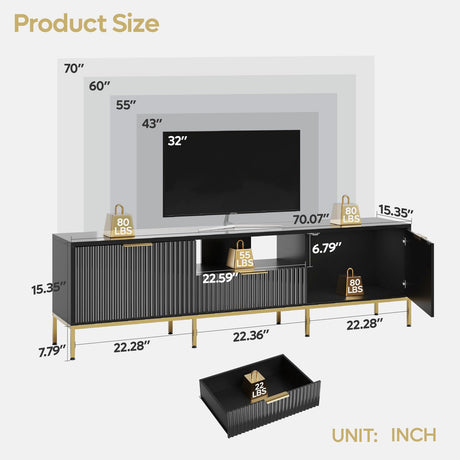 Bestier 70” Fluted TV Stand with LED Lights, Black TV Stand for TVs Up to 80", Modern Entertainment Center with Storage, TV Console, Media Console for Living Room Bedroom Bestier