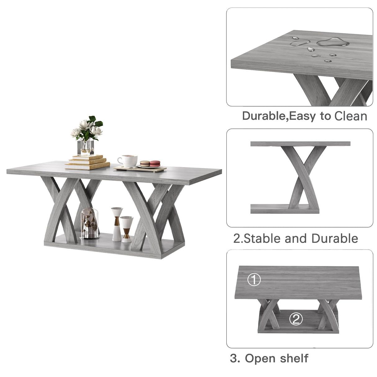 FROMJBEST Farmhouse Coffee Table with Shelf, Wood Coffee Table for Living Room, Open Display Area,47” Grey FROMJBEST