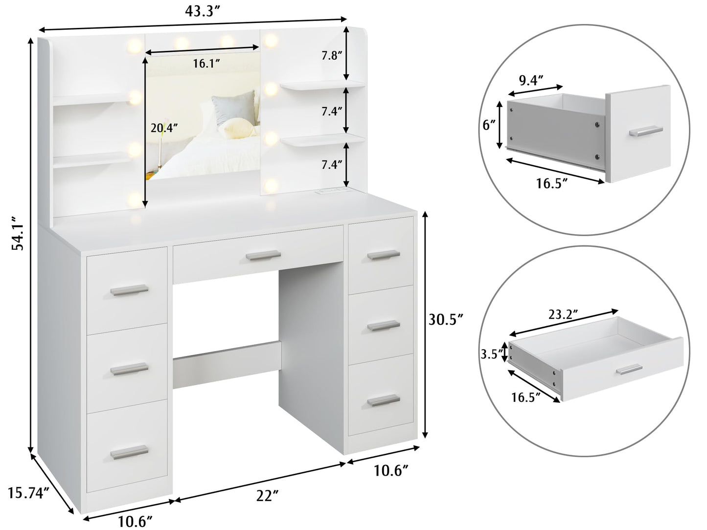 YESHOMY Vanity Desk with Mirror, Power Outlet and 10 Lights, Makeup Table with 7 Drawers, 3 Color Modes Available for Bedroom, Pure White - WoodArtSupply