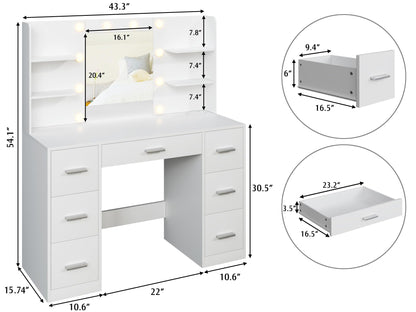 YESHOMY Vanity Desk with Mirror, Power Outlet and 10 Lights, Makeup Table with 7 Drawers, 3 Color Modes Available for Bedroom, Pure White - WoodArtSupply