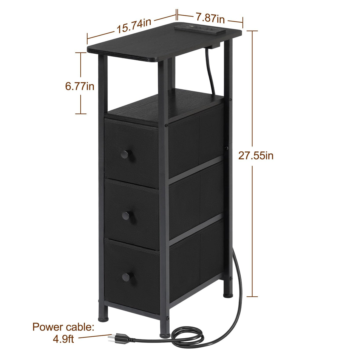 LOAKEKEL Narrow End Tables Living Room Set of 2 with Charging Station, Skinny Side Table with Fabric Drawers, Slim LED Nightstand for Bedroom, Small Spaces, Couch, Black, HETNDP03LBK LOAKEKEL