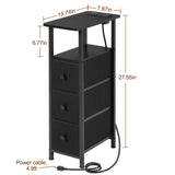 LOAKEKEL Narrow End Tables Living Room Set of 2 with Charging Station, Skinny Side Table with Fabric Drawers, Slim LED Nightstand for Bedroom, Small Spaces, Couch, Black, HETNDP03LBK LOAKEKEL