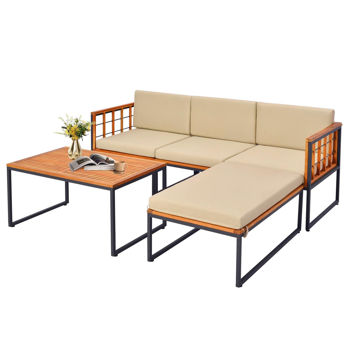 Tangkula 5 Piece Patio Furniture Set, Acacia Wood Sectional Set with Heavy-Duty Metal Frame, Comfy Seat & Back Cushions, Outdoor Wood Conversation Chair Set for Poolside, Porch, Backyard (Bei - WoodArtSupply