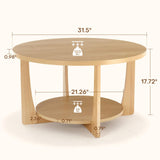 BECHAEO 31.5'' Round Coffee Table with Solid Wood Pine Legs, 2-Tier Retro Round Coffee Table with Storage Shelf, Small Modern Wood Circle Coffee Table Boho Round Center Table for Living Room (Natural)