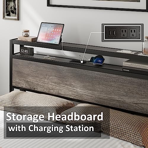 AMERLIFE Industrial Queen Size Bed Frame with Charging Station & 2-Tier Storage Headboard in Rustic Grey AMERLIFE