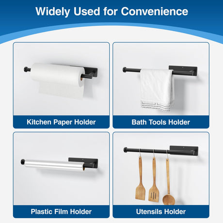 Paper Towel Holder - Self-Adhesive or Drilling, Matte Black Wall Mounted Rack - SUS304 Stainless Steel Kitchen Roll Dispenser Under Cabinet niffgaff