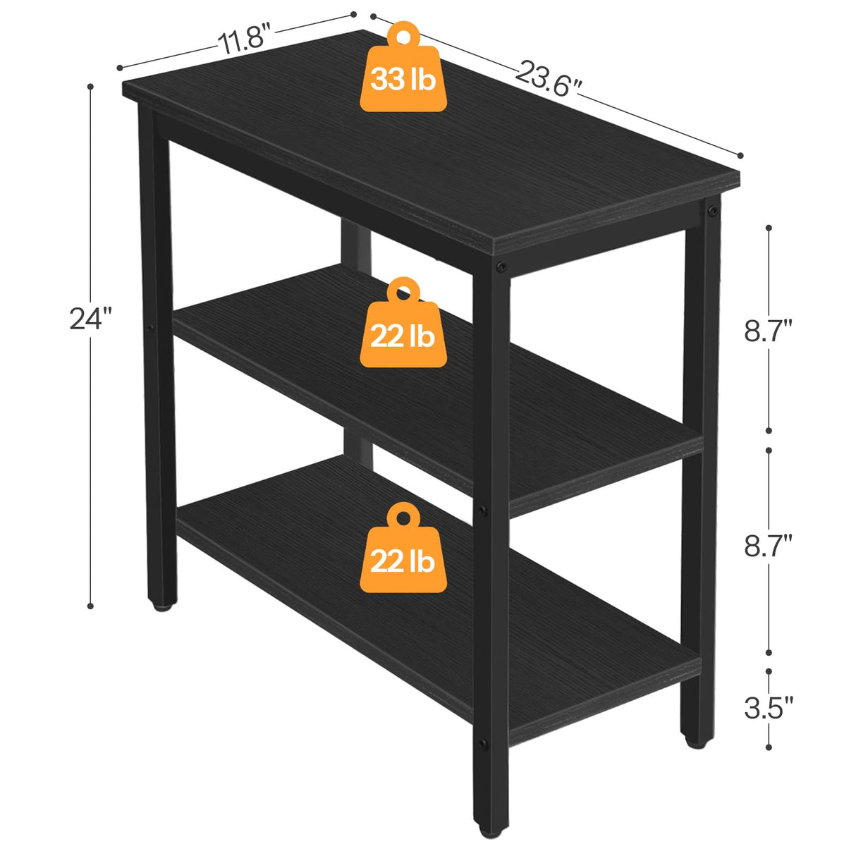 HOOBRO End Table, Simple Rustic Side Table with 3-Tier Storage Shelf, Narrow Nightstand for Small Spaces, Easy Assembly, for Living Room, Bedroom, Metal, Industrial Design, Black BB14BZ01 HOOBRO