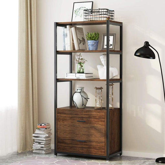 Tribesigns Rustic 4-Tier Bookcase with 2 Storage Drawers for Home Office - WoodArtSupply