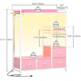 Cyclysio Dresser with Hanger Rack, 4 Drawers Dresser for Bedroom with Power Outlet and LED Lights, Cute Dresser with Storage Shelf for Bedroom Living Room, Pink Cyclysio