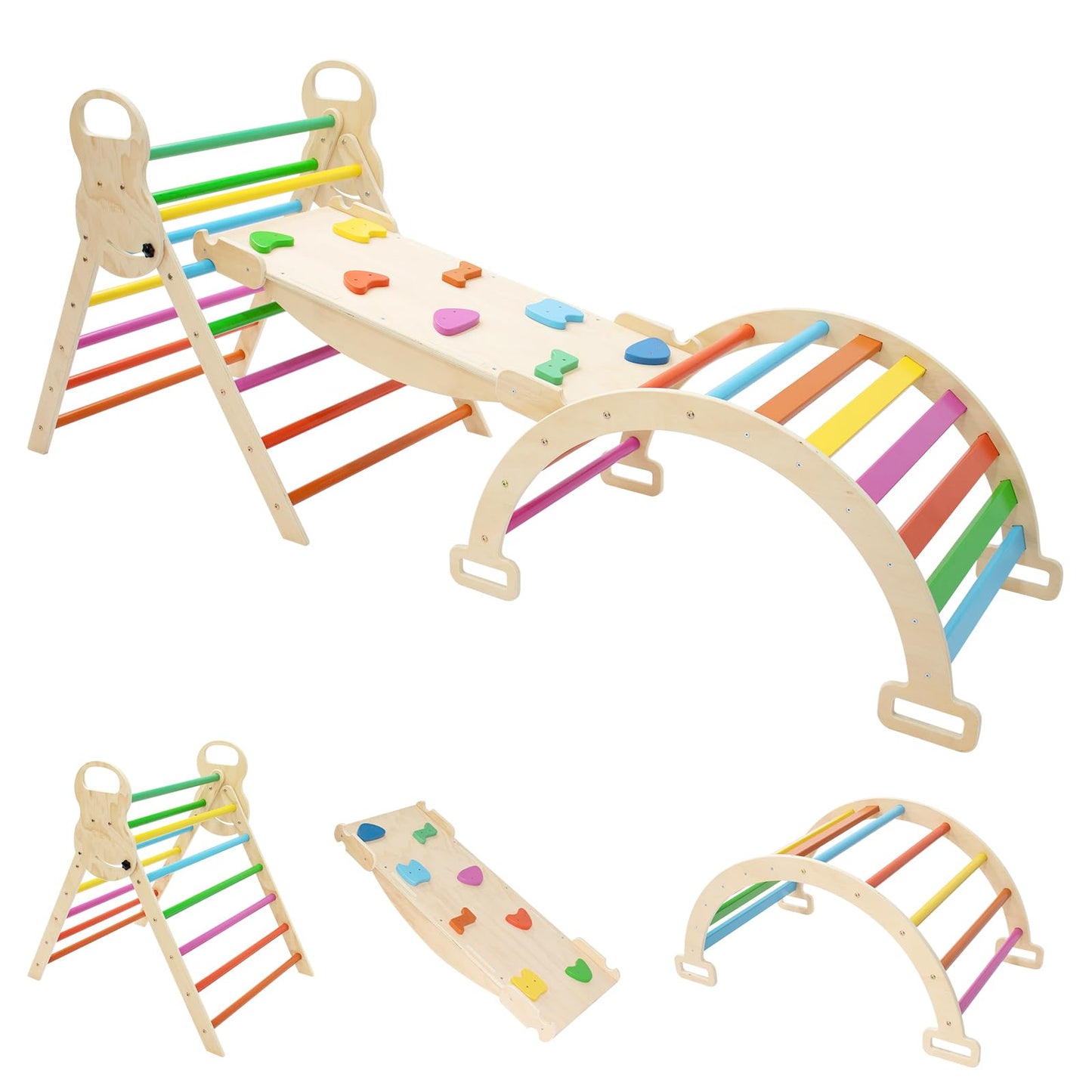 7in1 Rainbow Pikler Triangle Set Foldable Montessori Climber, Wooden Climbing Toys with Sliding Ramp&Arch Rocker for Kids,Climbing Indoor Playground Set for Toddlers