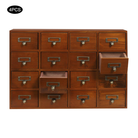 4 PCS Storage Cabinet, 64-Drawer Wooden Rectangle Storage Box With Label Holder And Handle, Traditional Apothecary Curio Cabinet,Storage Organizer For Pharmacy, Office, Porch, Living Room, Etc (Brown) WBGANG