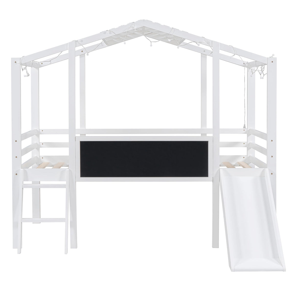 Harper & Bright Designs Kids House Loft Bed with Slide, Twin Size Low Loft Bed with LED Lights & Blackboard, Wood Playhouse Loft Bed with Ladder and Slats Support, for Kids Boys Girls, White Harper & Bright Designs
