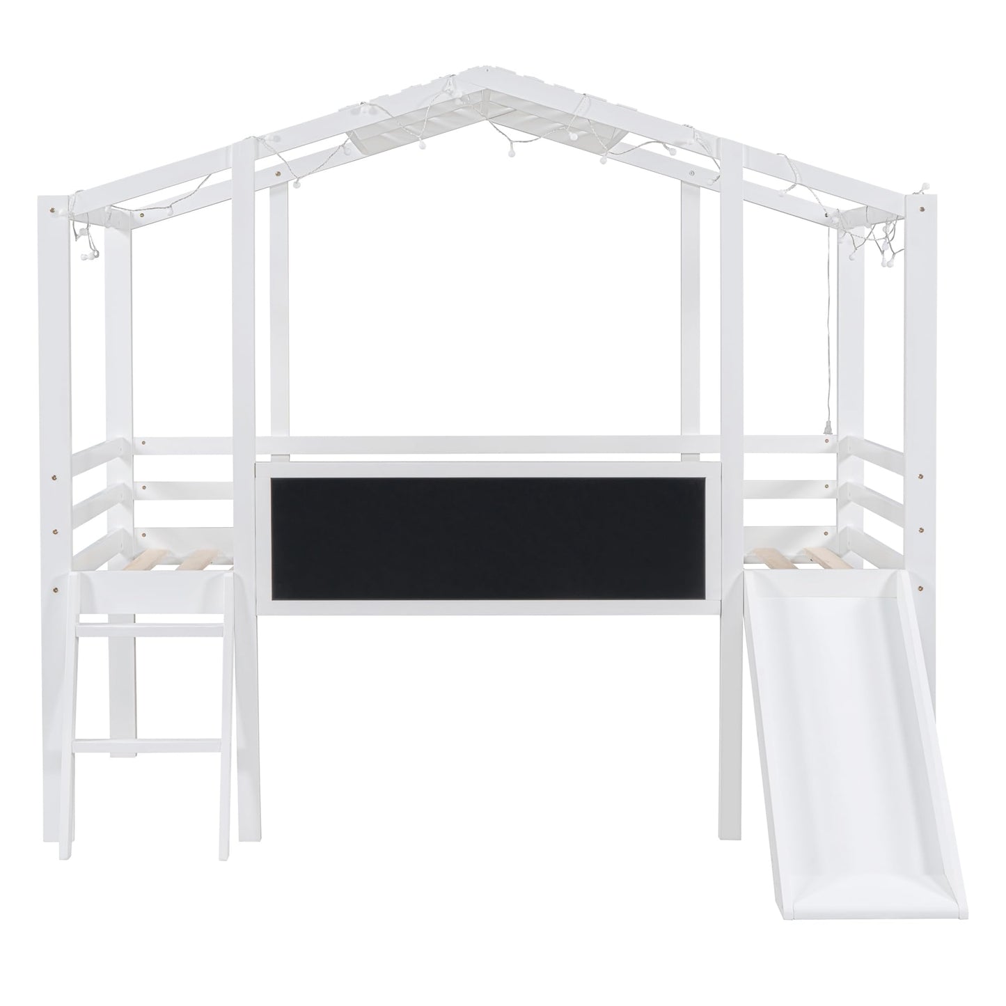 Harper & Bright Designs Kids House Loft Bed with Slide, Twin Size Low Loft Bed with LED Lights & Blackboard, Wood Playhouse Loft Bed with Ladder and Slats Support, for Kids Boys Girls, White