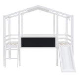 Harper & Bright Designs Kids House Loft Bed with Slide, Twin Size Low Loft Bed with LED Lights & Blackboard, Wood Playhouse Loft Bed with Ladder and Slats Support, for Kids Boys Girls, White Harper & Bright Designs
