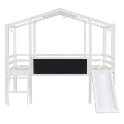 Harper & Bright Designs Kids House Loft Bed with Slide, Twin Size Low Loft Bed with LED Lights & Blackboard, Wood Playhouse Loft Bed with Ladder and Slats Support, for Kids Boys Girls, White