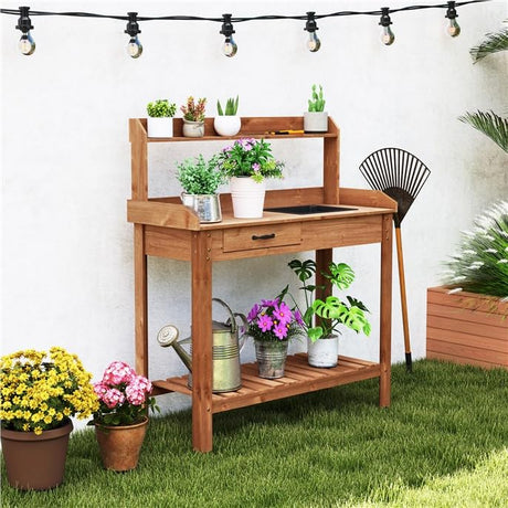 ARNOT Potting Bench,Outdoor Potting Bench Table with Sink and Storage Shelves, Wooden Garden Workstation for Gardening Tools, Planting, and Repotting – Natural Fir Wood (38" x 17" x 50") ARNOT