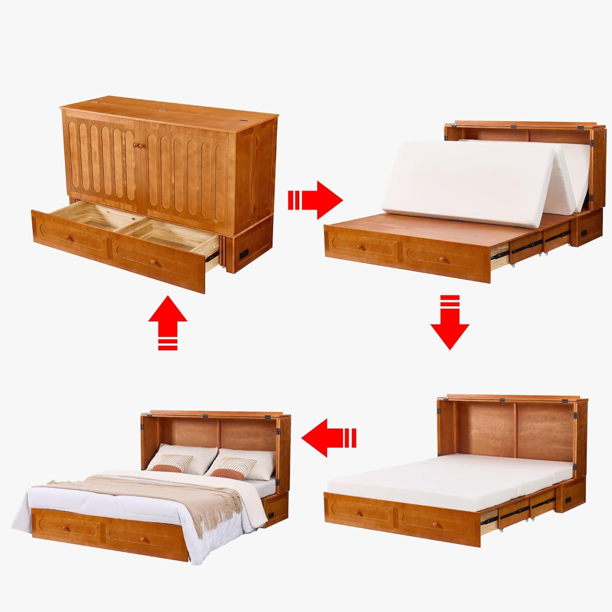 FACAAJ SPO Queen Murphy Bed with Mattress Included, Murphy Bed Cabinet Queen with Drawers and Charging Station for Small Apartments, Home Offices(Stripe Pattern, Cherry) FACAAJ SPO