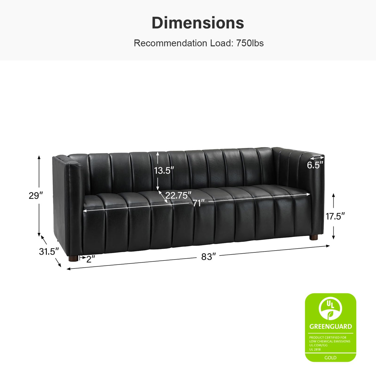 HULALA HOME 83" Genuine Leather Sofa with Channel Tufted Design, 3-Seater Sofa for Living Room Bedroom, Modern Oversized Couch with Wood Legs, Black HULALA HOME