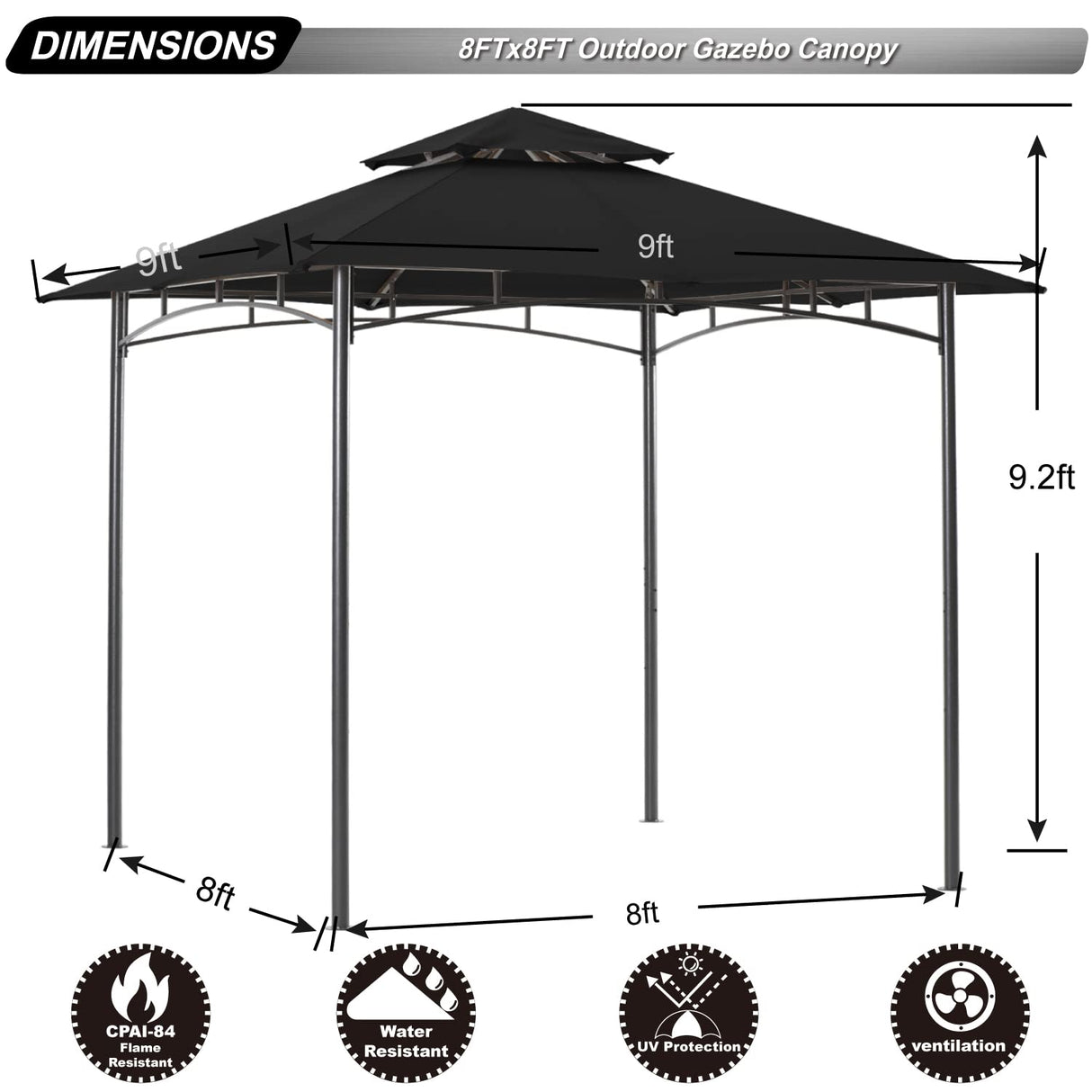 ABCCANOPY Gazebos for Patios 8x8 - Outdoor Steel Frame Gazebo for Lawn Backyard Garden Deck (Black) ABCCANOPY