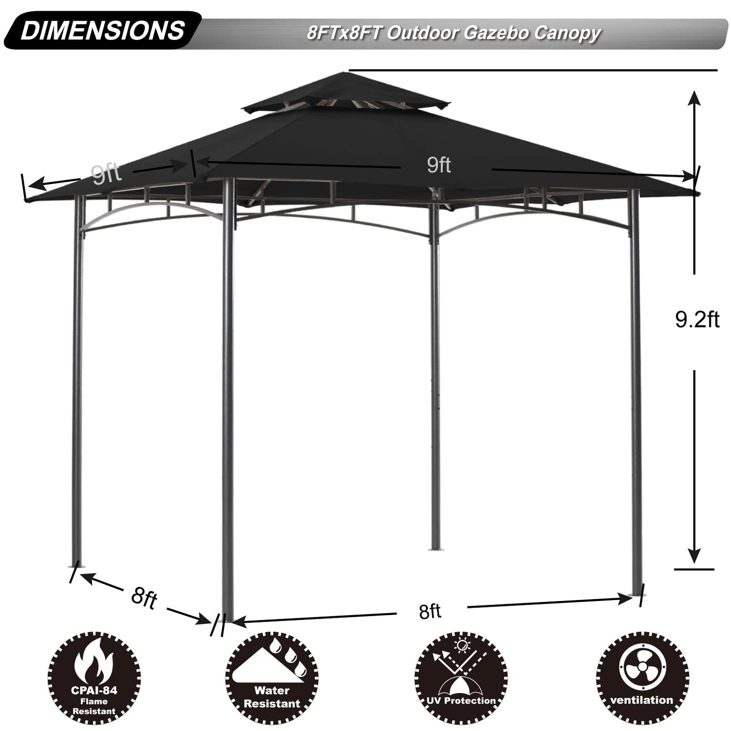 ABCCANOPY Gazebos for Patios 8x8 - Outdoor Steel Frame Gazebo for Lawn Backyard Garden Deck (Black) - WoodArtSupply