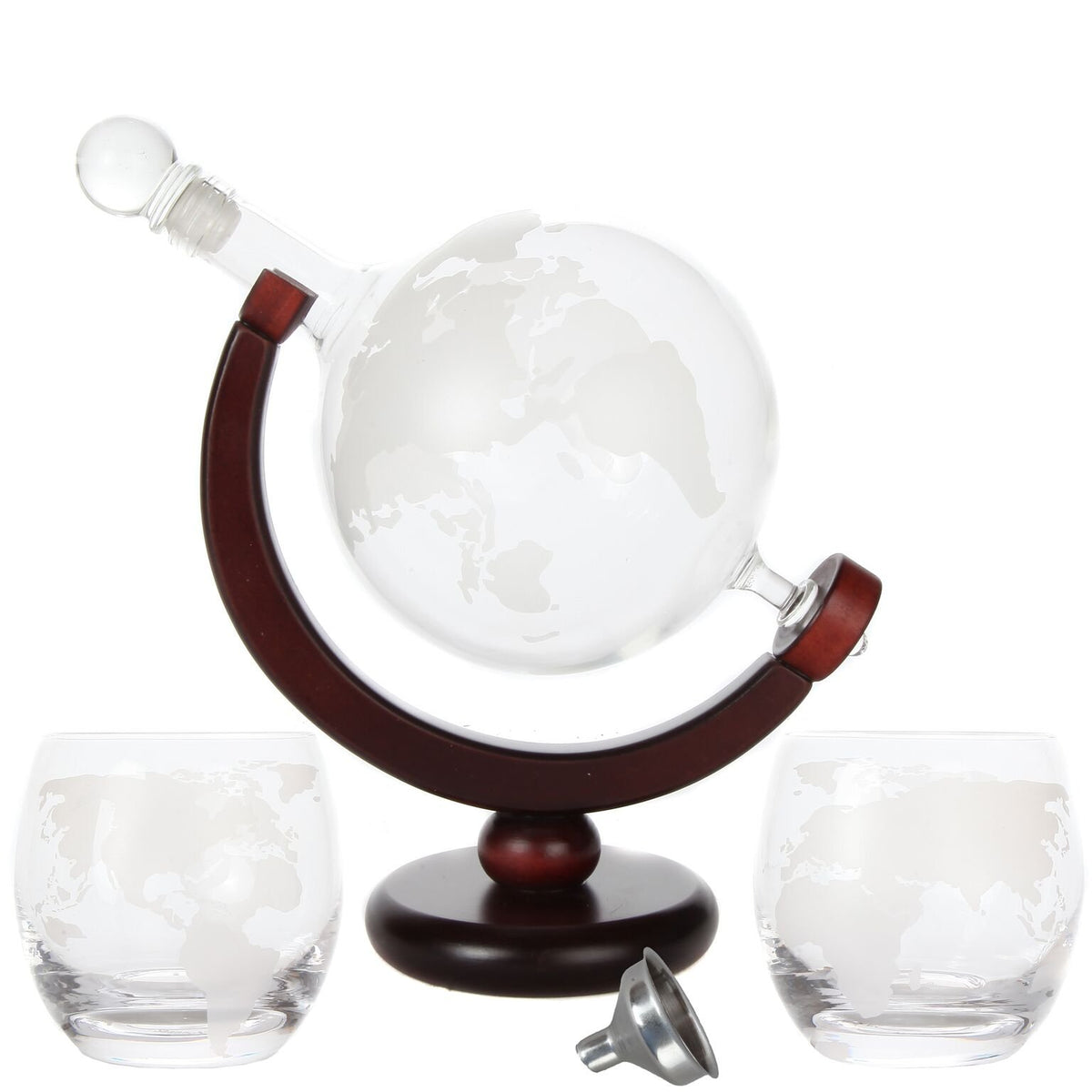 Lily's Home World Globe Whiskey Decanter with Dark Finished Wood Stand, Bar Funnel, and 2 Matching Glasses (850 ml) Lily's Home