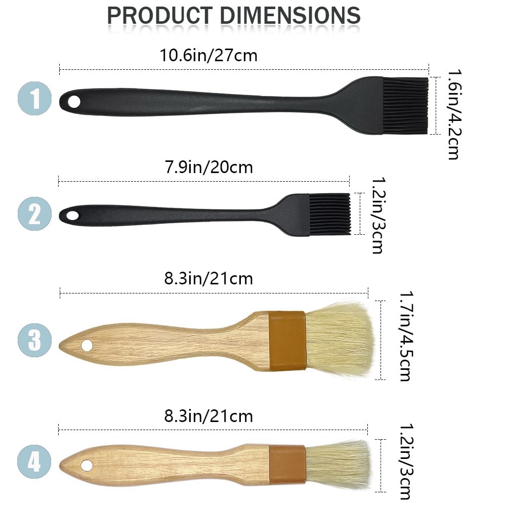 4 Pack Pastry Brush-Basting Brush Pastry Brushes for Baking, Silicone Basting Brush, Basting Oil Brush with Boar Bristles and Beech Hardwood Handles for Kitchen, Grilling and Spreading Oil, BBQ Sauce