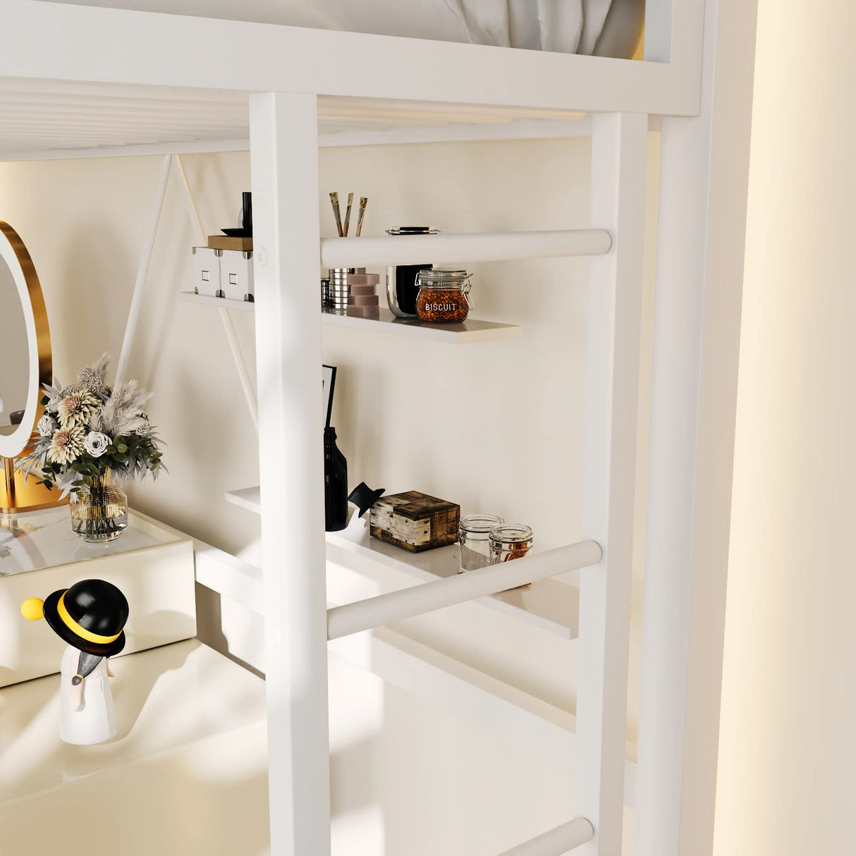 Stylish White Twin Loft Bed with Safety Guard and Removable Ladder by ikalido ikalido