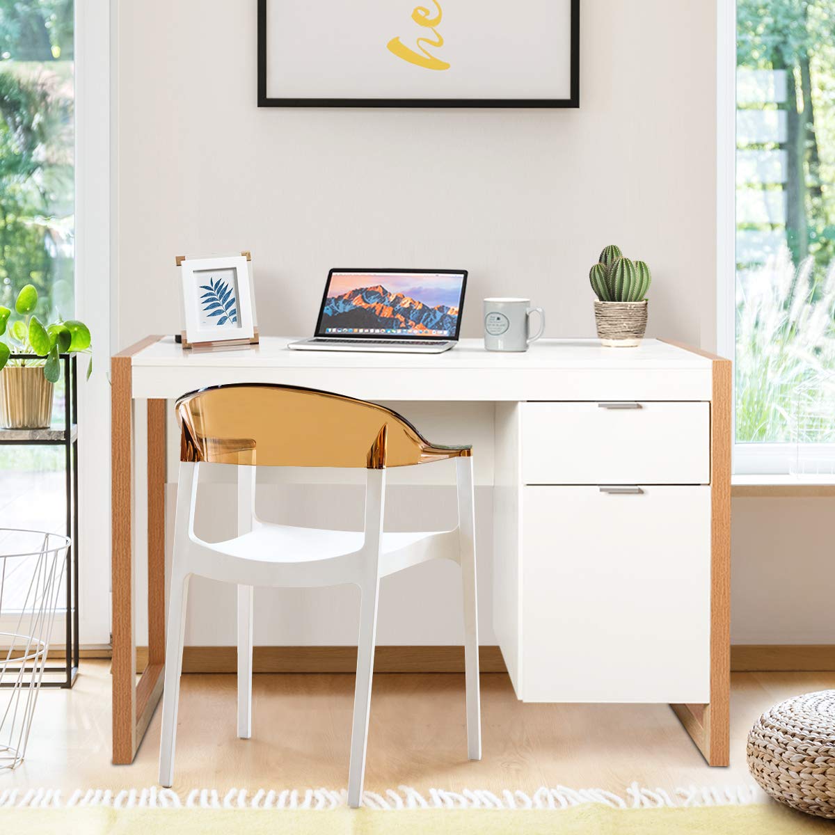 Tangkula White Desk with Drawer & Cabinet, Wooden Home Office Desk, PC Laptop Workstation Study Writing Desk, Ideal for Bedroom Home Office (White & Natural) Tangkula
