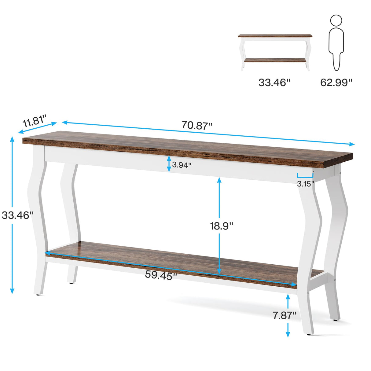 Tribesigns 70.9 Inches Extra Long Sofa Table Behind Couch, Vintage Console Entry Table with 2-Tier Storage for Hallway, Entryway, Living Room, White & Brown Tribesigns