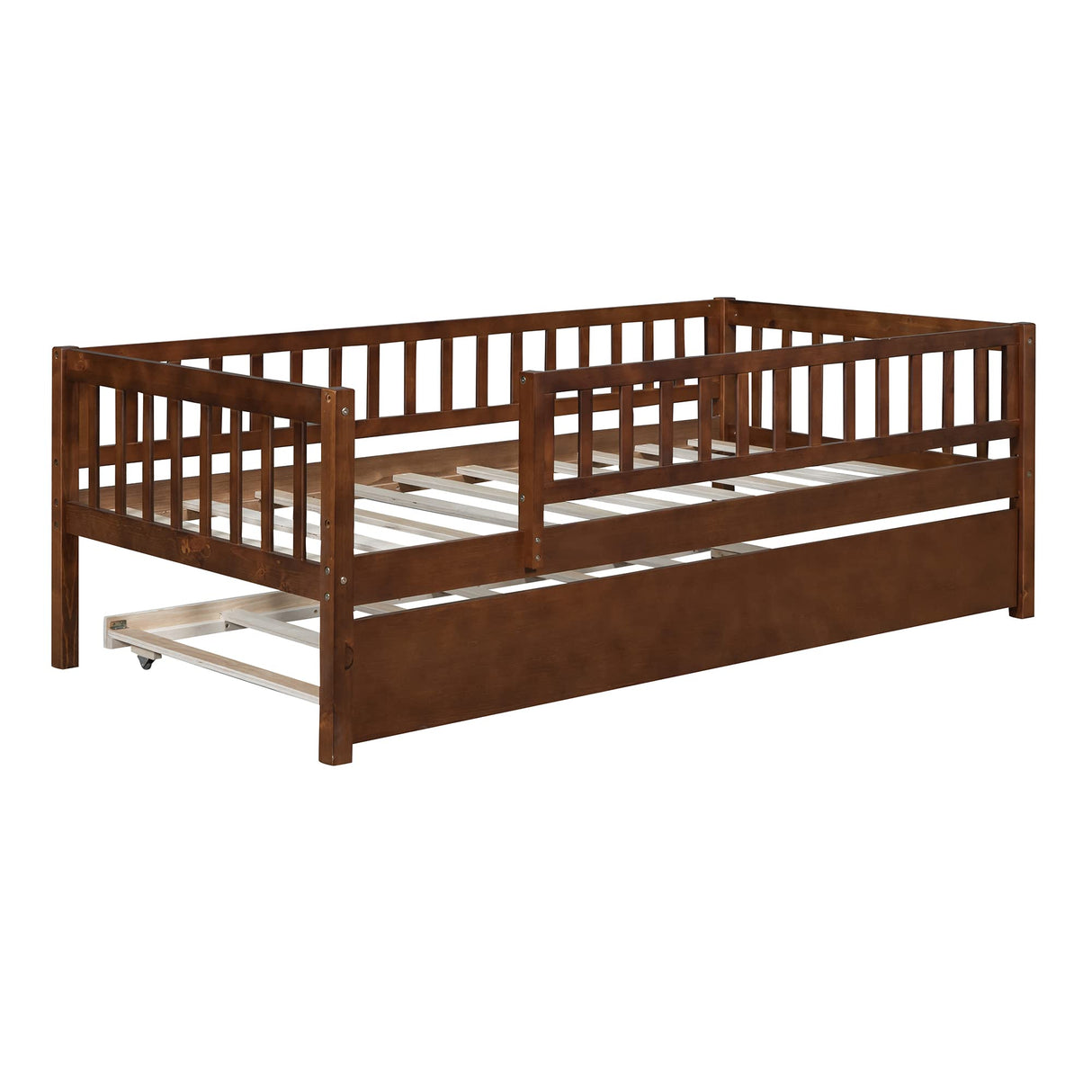 Twin Size Bed Frame with Trundle and Fence Guardrails, Wooden Montessori Style Kids Beds with Slats Support, Dual-use Daybed for Bedroom and Living Room, Walnut Bellemave