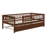Twin Size Bed Frame with Trundle and Fence Guardrails, Wooden Montessori Style Kids Beds with Slats Support, Dual-use Daybed for Bedroom and Living Room, Walnut Bellemave