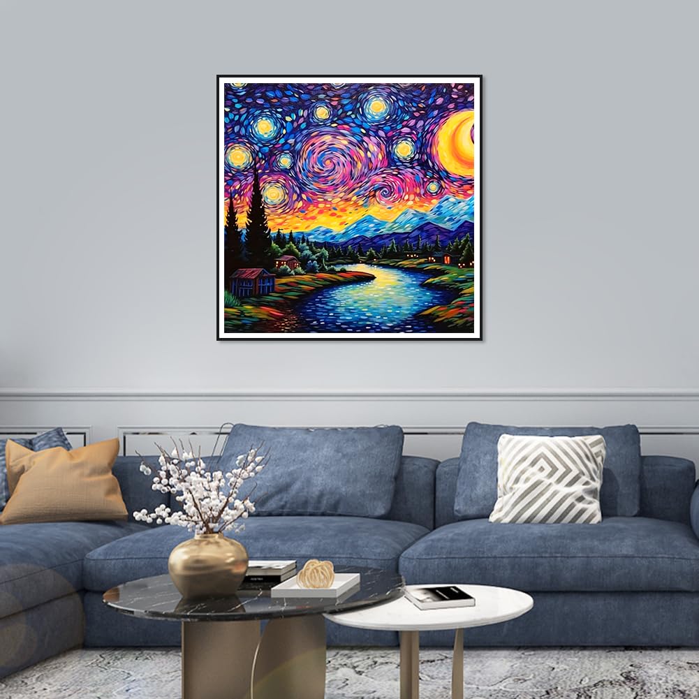 FHBUBPUP Starry Night Diamond Painting Kits for Adults, Starry Sky Diamond Art Kits, Full Drill Round Gem Art, DIY Landscape Paint with Diamond Beads Home Decor Craft Gift 12x12 inch FHBUBPUP