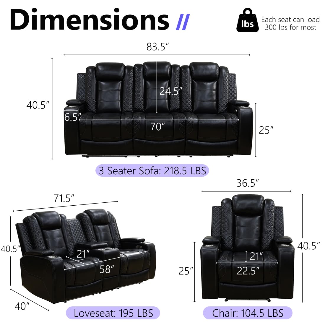 Anthato Leather Power Recliner Sofa Set, Living Room Furniture Sets, 2 Piece Reclining Sofa Set with LED, Black Recliner Furniture with Arm Storage/Cup Holders/Charging Ports for Home Theater/Office Anthato