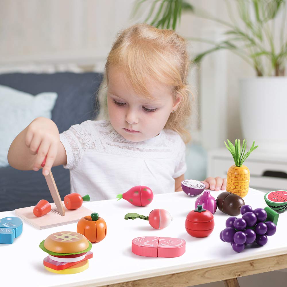 iPlay, iLearn Wooden Play Food Toy, Kids Wood Cutting Magnetic Fruit Vegetables, Toddler Cooking Pretend Play Kitchen Food Set, Montessori Educational Birthday Gift for Age 3 4 5 6 7 Year Old - WoodArtSupply