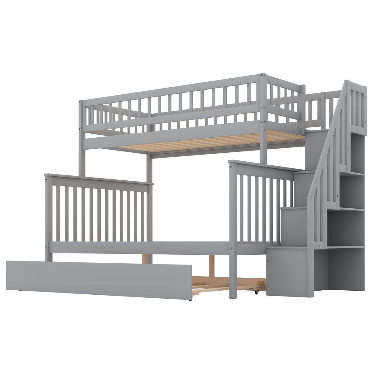 Harper & Bright Designs Bunk Beds Twin Over Full Size, Bunk Bed with Trundle,Storage Shelf and Stairway,Wood Bunk Beds with Full-Length Guard Rail for Kids and Teenagers,No Box Spring Needed, Grey Harper & Bright Designs