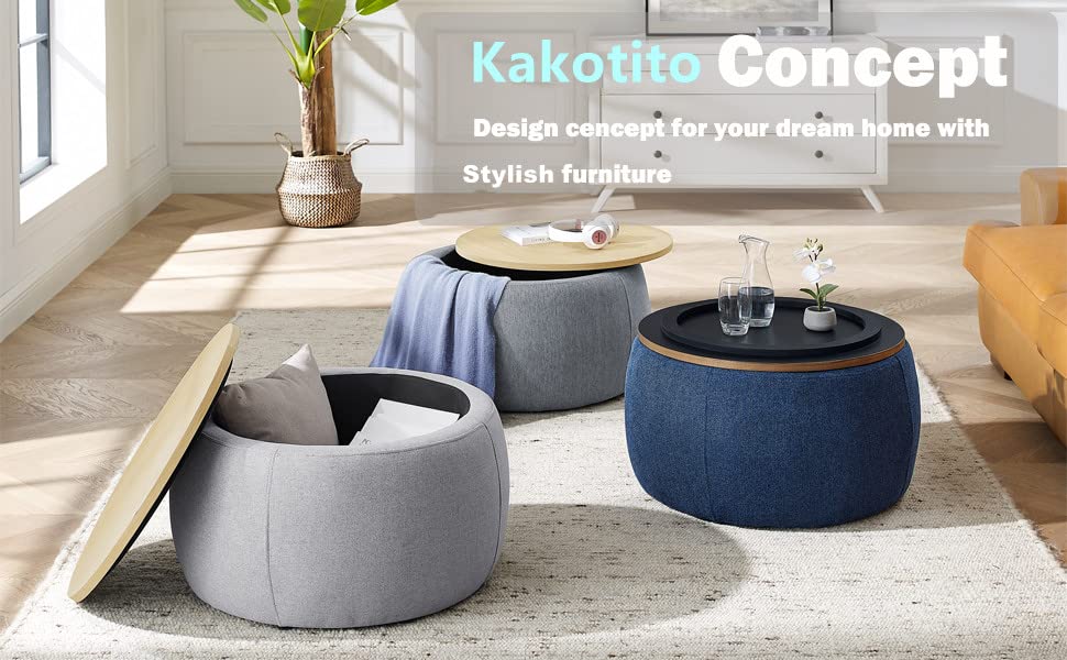 Kakotito Modern Round Storage Ottoman with Wooden Lid,Circle Handmade Coffee Table,End Table & Footstool for Living Room (Dark Gray) Kakotito
