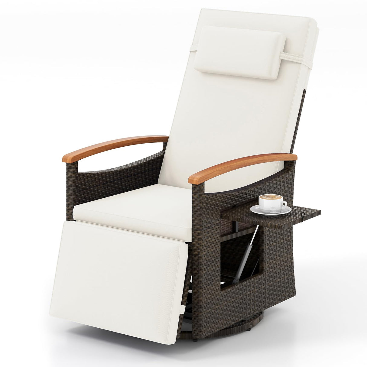 Tangkula Patio Rattan 360 Degree Swivel Recliner Chair, Wicker Lounge Chair w/Adjustable Backrest & Footrest, Cushioned Push Back Reclining Seat w/Flip Side Table for Porch, Yard, Lawn (Off White,1) Tangkula