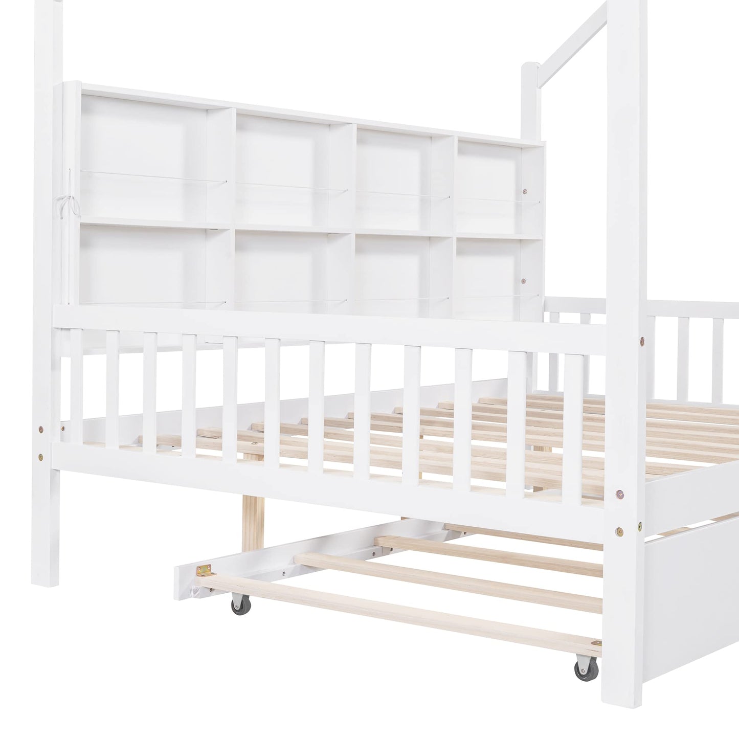 Merax White Full Size Wooden House Bed with Trundle & Shelf for Kids - WoodArtSupply