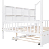 Merax White Full Size Wooden House Bed with Trundle & Shelf for Kids Merax