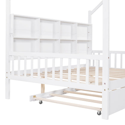 Merax White Full Size Wooden House Bed with Trundle & Shelf for Kids - WoodArtSupply