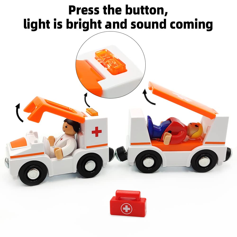Magnetic Trains Cars Playset Wooden Train Track Accessories Station Wagon Train Set for Toddlers 3-5 Wooden Train Sets for Boys Girls Ages 3-4-7 (Ambulance B (with Light and Sound)) DSHMIXIA