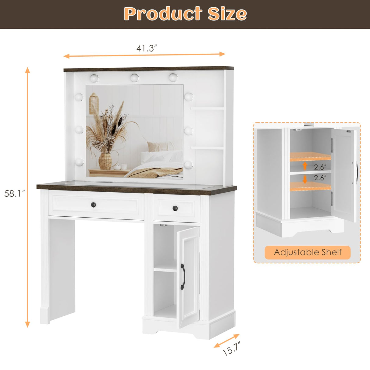 BROTTAR Large Vanity Desk with Mirror and Lights, Farmhouse Makeup Vanity with Wireless Charging Station, White Dressing Table with 2 Drawers & Storage Cabinet for Bedroom, Dressing Room BROTTAR